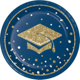 Graduation Party Supply Pack For 18 People | Paper Dinner & Dessert Plates & Napkins | Glittering Grad Design, Blue, Gold, White