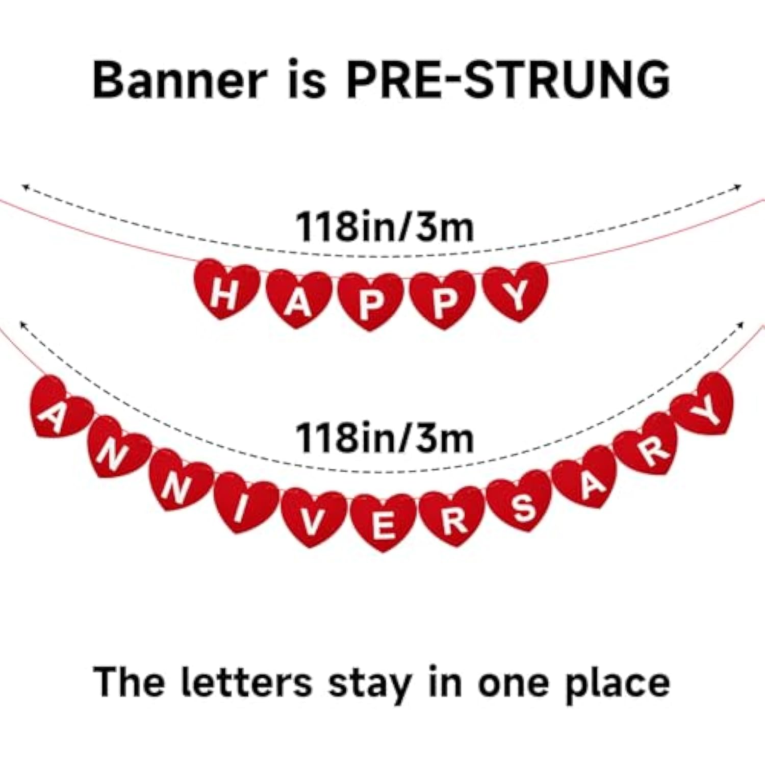 Pre-Strung Happy Anniversary Banner - No Diy Felt Wedding Anniversary Party Banner Sign Red Heart Garland For Romantic Wedding Decorations