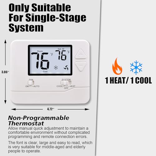 Non Programmable Thermostats For Home - Single-Stage 1H/1C Only, No C-Wire Required, Not For Heat Pumps