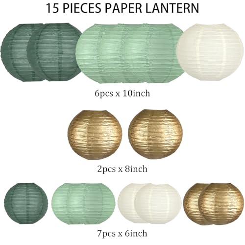 15-Pack Sage Green Gold Paper Lanterns Party Decorations