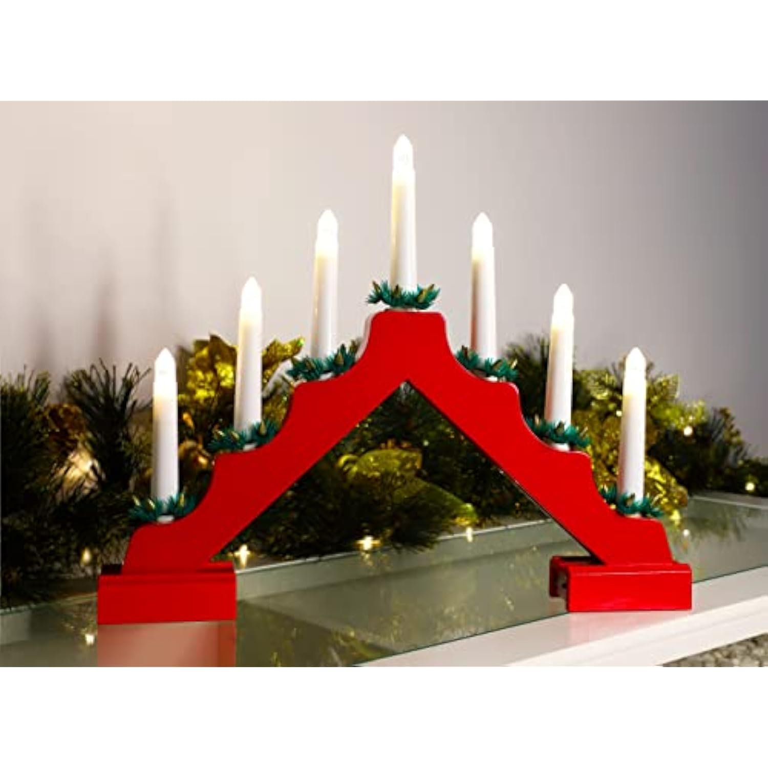 ® Christmas Red Wooden Candle Bridge With Warm White Led Lights - Battery Operated
