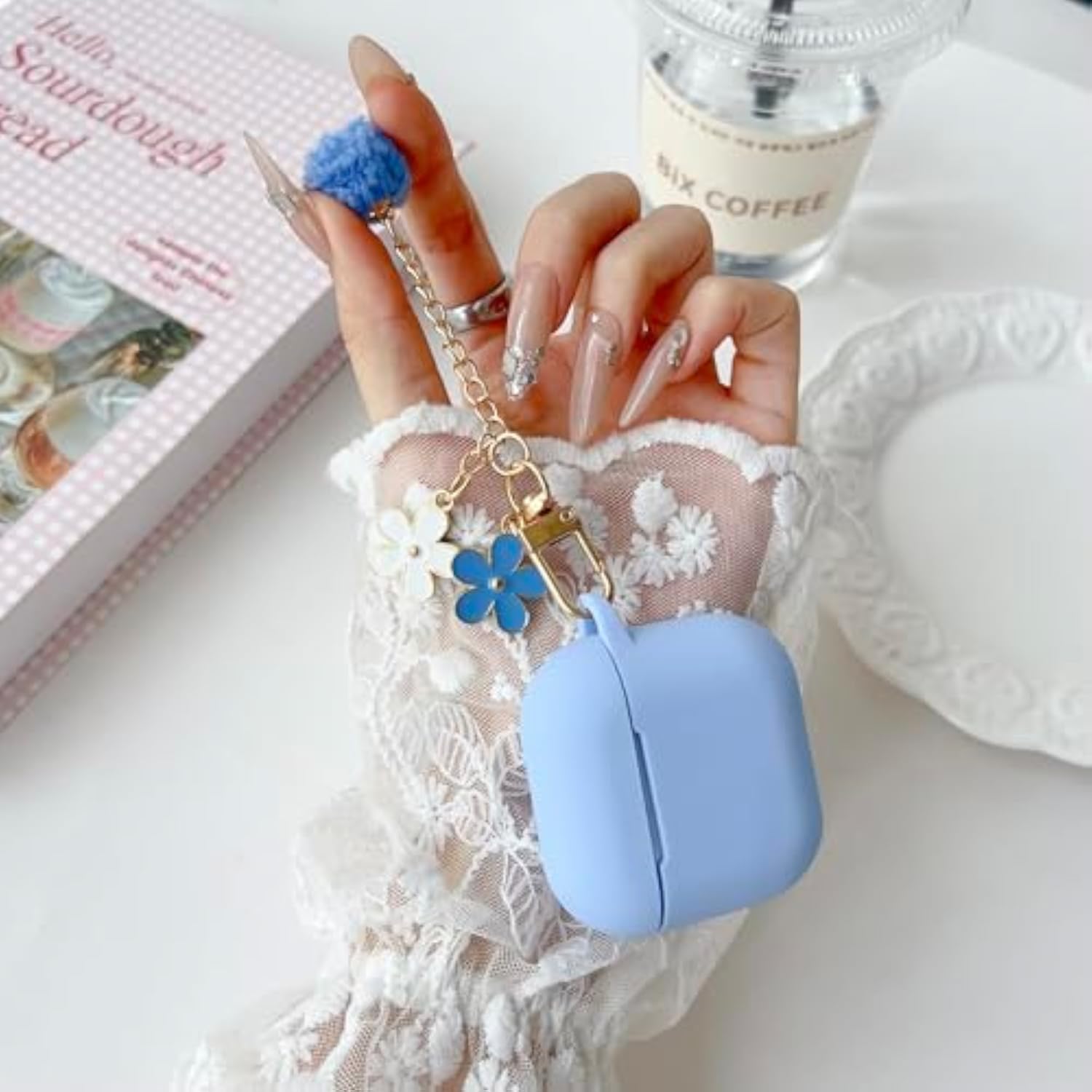Soft Silicone Protective Case for Airpods 4 with Keychain and Cleaner Kit, Sky Blue Color with Pom Pom Flower Charms, Compatible with 2024 Airpods 4th Generation