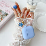 Soft Silicone Protective Case for Airpods 4 with Keychain and Cleaner Kit, Sky Blue Color with Pom Pom Flower Charms, Compatible with 2024 Airpods 4th Generation