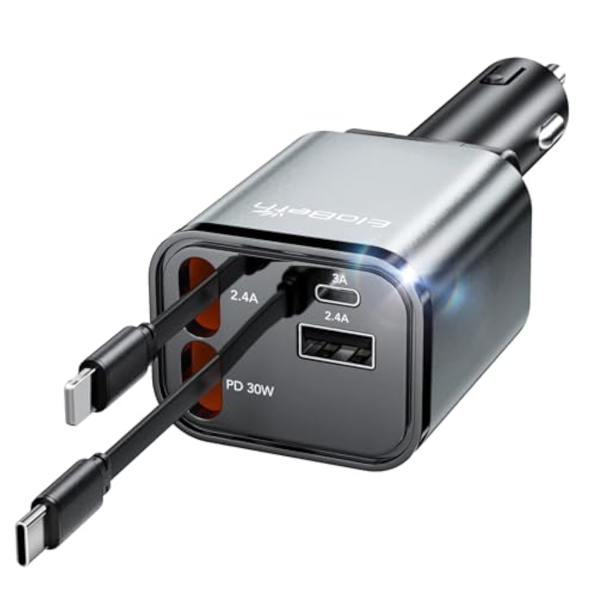 4-in-1 Retractable 66W Car Charger with 2 Cables for iPhone, Galaxy, Pixel