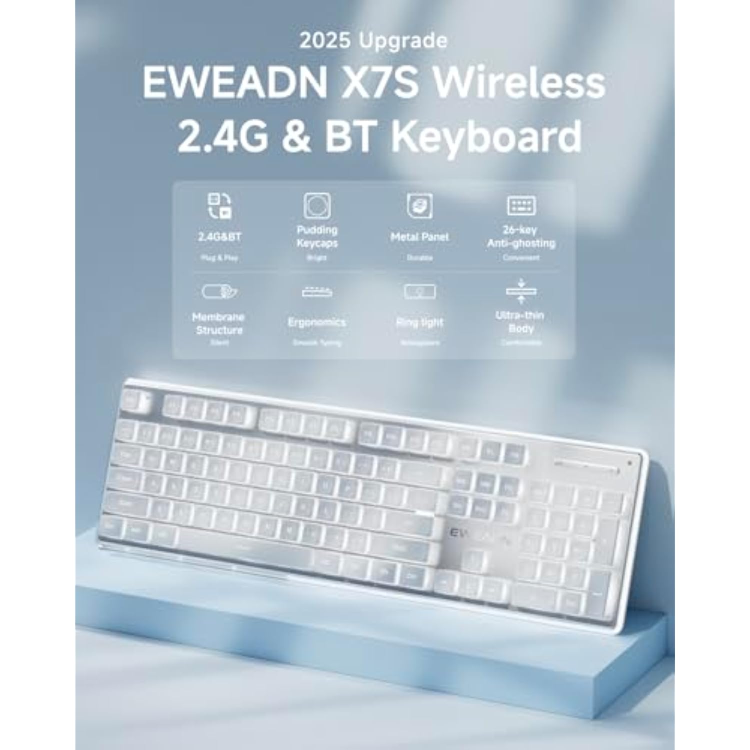 Eweadn X7S Wireless Keyboard With White Backlit, Metal Panel, Bluetooth/2.4G Rechargeable Computer Keyboard Silent Light Up Full Size Cute Keyboards For Win & Mac-White