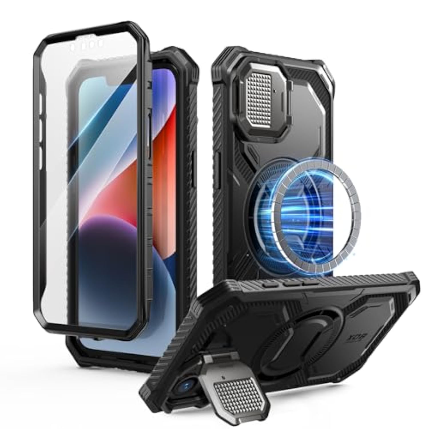 I-Blason For Iphone 16E Case With Camera Cover Stand [Built-In Screen Protector] [Wireless Charging Compatible] Full-Body Heavy Duty -Grade Protection Rugged Magnetic Phone Case, Black