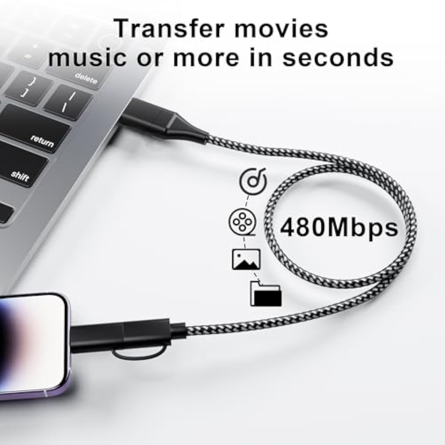 4 In 1 Usb C Cable 60W 20Ft Lightning Cable - Fast Charging Nylon Braided Data Sync Mfi Certified, Long Iphone Charger For Iphone Ipad Charger Cord Multi Charge Cable With Lightning/Type C/Usb A Port