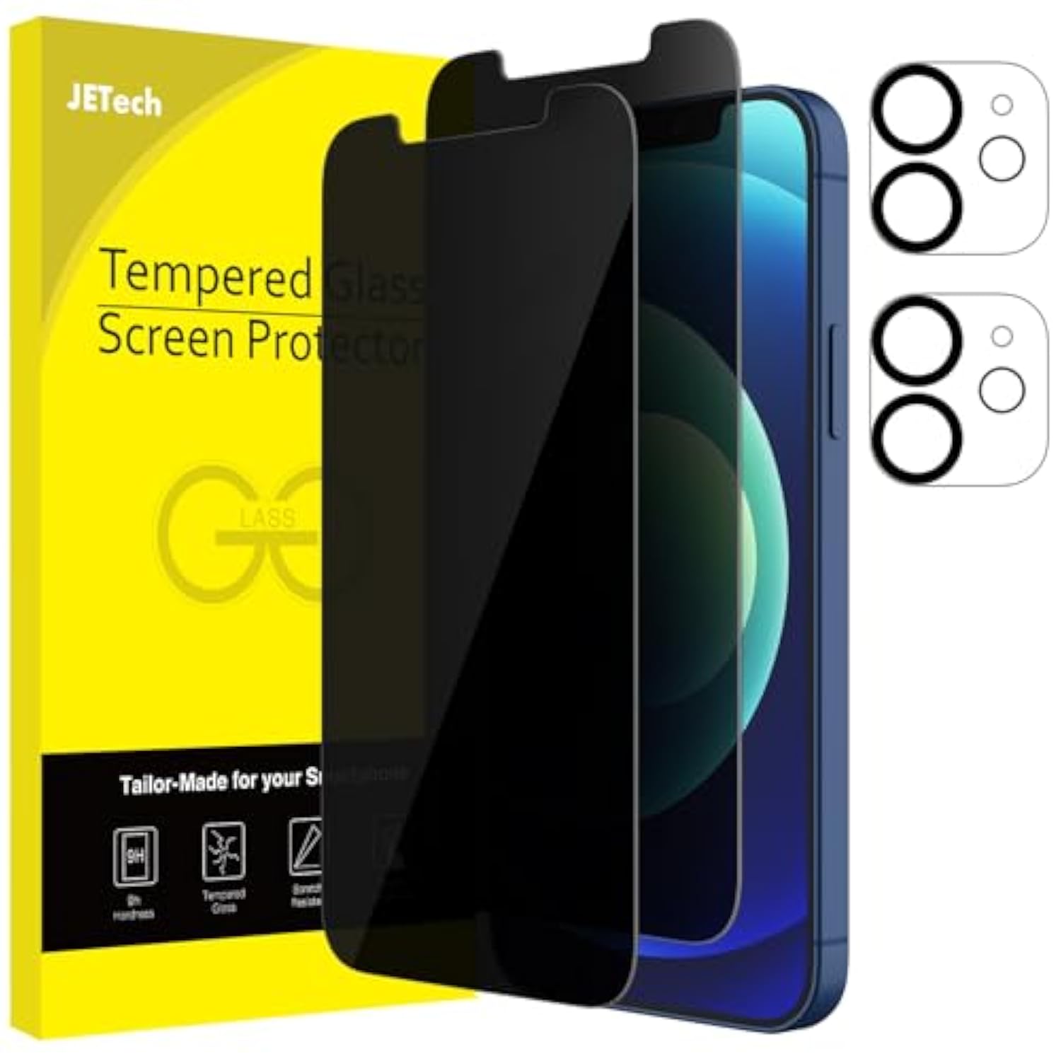 JETech Privacy Screen Protector for iPhone 12 6.1-Inch with Camera Lens Protector, Anti Spy Tempered Glass Film, 2-Pack Each