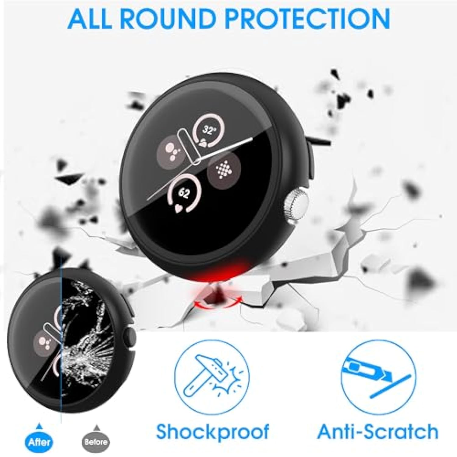 18 Pack Case For Google Pixel Watch 3/2/1 41Mm With Tempered Glass Screen Protector, Shockproof Hard Pc Bumper Protective Cover Compatible With Pixel Watch 3/2/1 41Mm