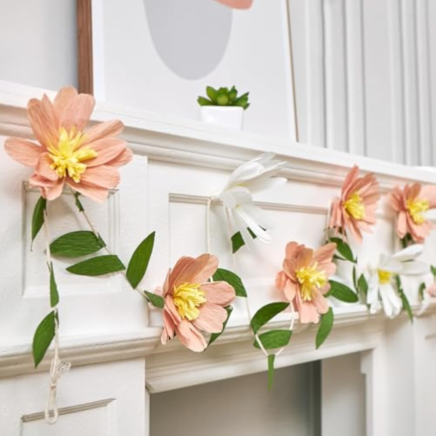 Crepe Paper Flowers Banner White Blush Pink Paper Flower Banner Spring Hanging Paper Flower Garland Paper Leaves Banner For Spring Birthday Wedding Home Decorations