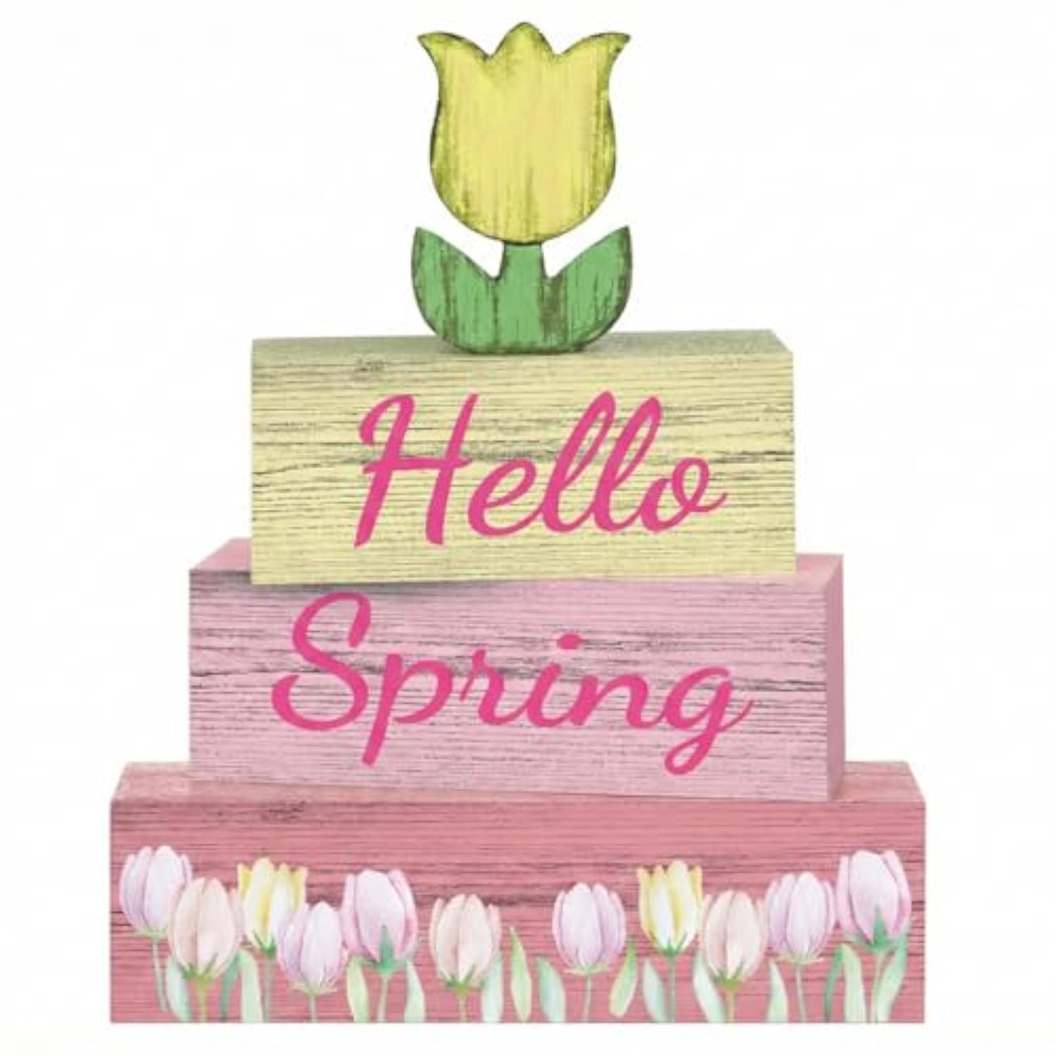 4 Pcs Hello Spring Sign Rustic Spring Centerpiece Tulip Decor Tiered Tray Decor Decorations For Home Office Table Mini Springtime Art Desk Accessories Gifts For Women
