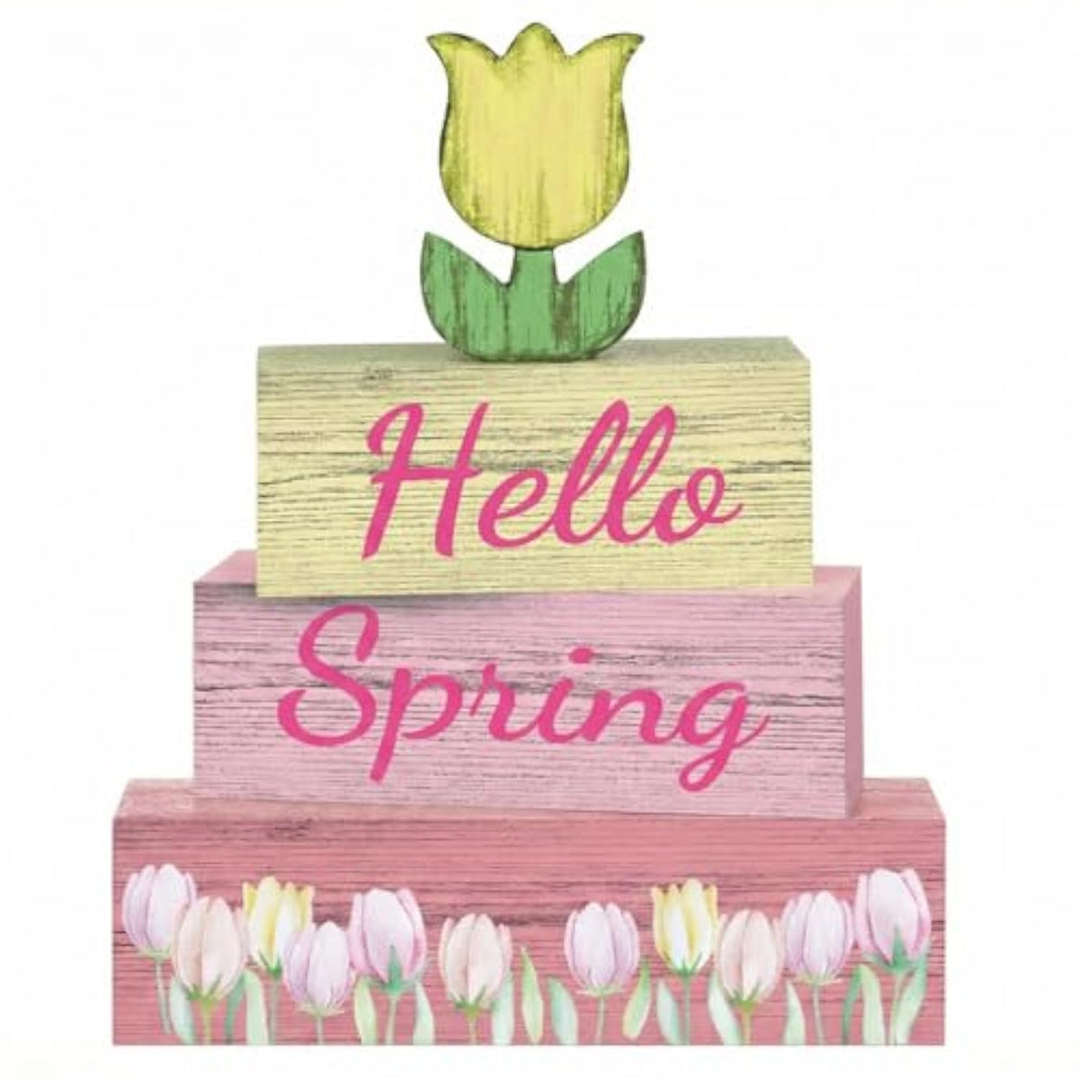 4 Pcs Hello Spring Sign Rustic Spring Centerpiece Tulip Decor Tiered Tray Decor Decorations For Home Office Table Mini Springtime Art Desk Accessories Gifts For Women