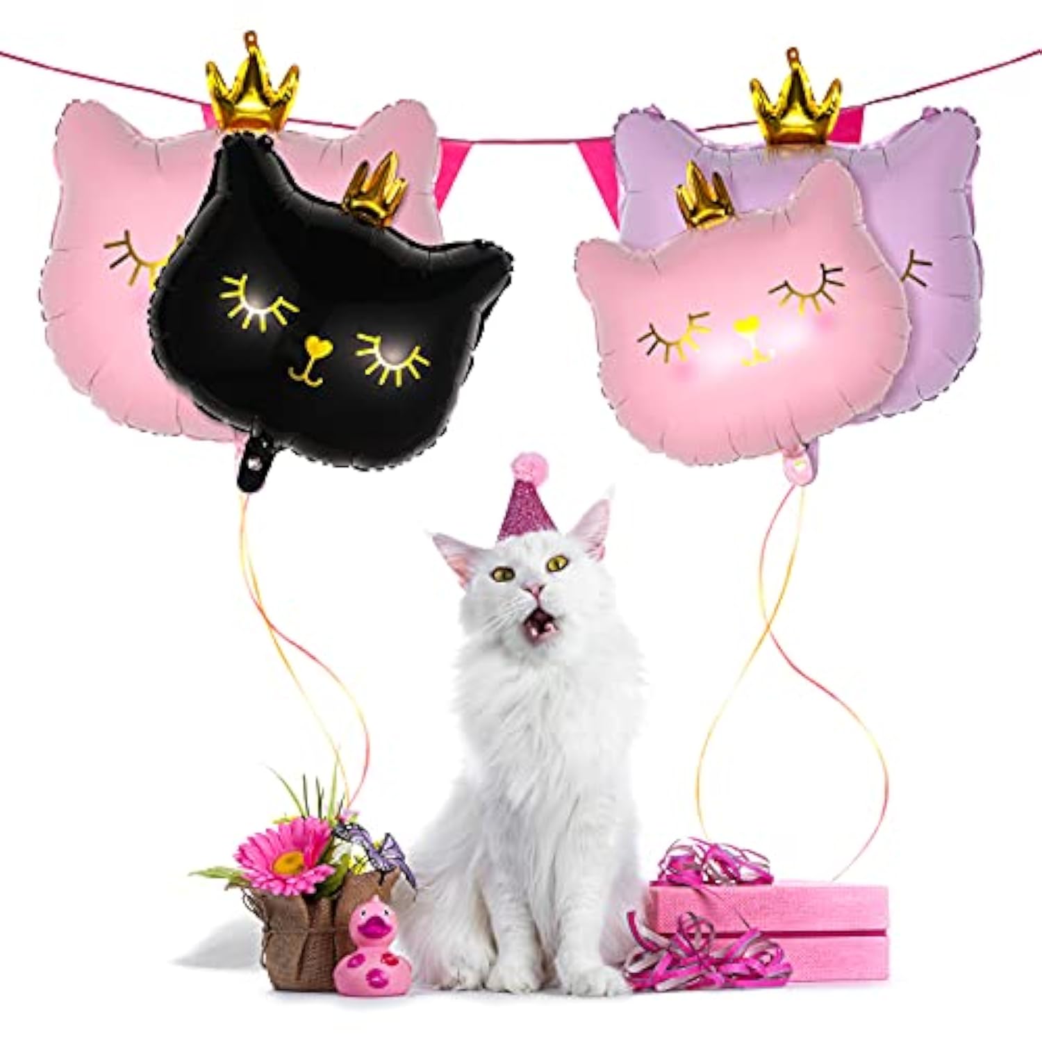 8Pcs Crown Cat Foil Balloons Pink & Black Kitty Birthday Animal Themed Party Decorations