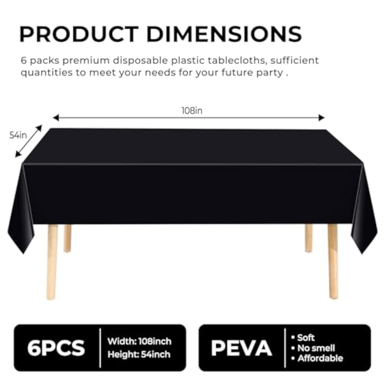 6 Pack Black Disposable Plastic Tablecloths, 54"x108" for Parties & Events
