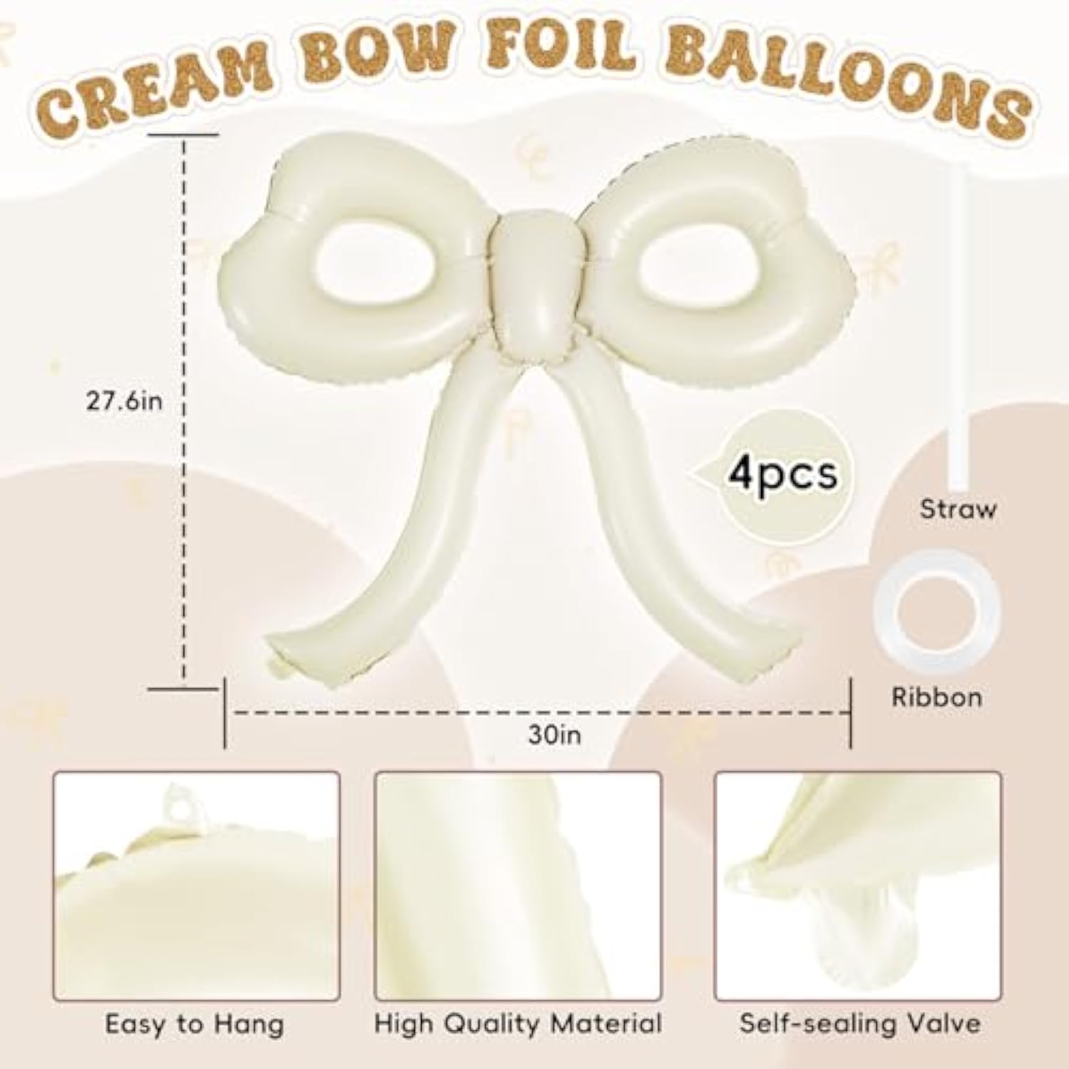 4pcs Cream Bow Foil Balloons – Giant Beige Balloons for Birthday, Baby Shower & Party Decor