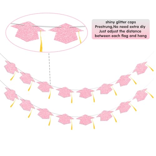 Graduation Decorations Class of 2026 Pink Graduation Cap Banner with Tassel Prestrung Glitter Congrats Grad Banner for Senior High School College Grad Party Decorations 2PC