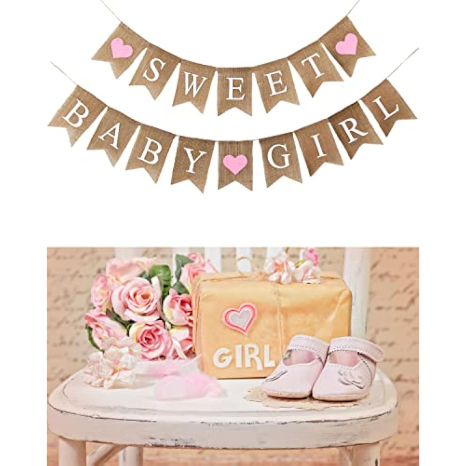 2pcs Sweet Baby Girl Burlap Banner with Light Pink Hearts for Baby Shower Decor