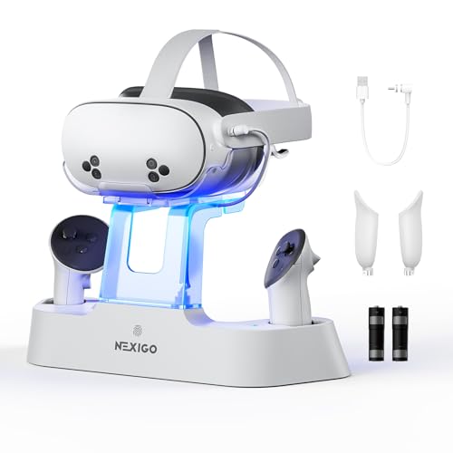 Enhanced Charging Dock for Meta Quest 3 and 3S, with LED Light [On/Off], [Support Elite Strap with Battery], Headset Display Holder and Controller