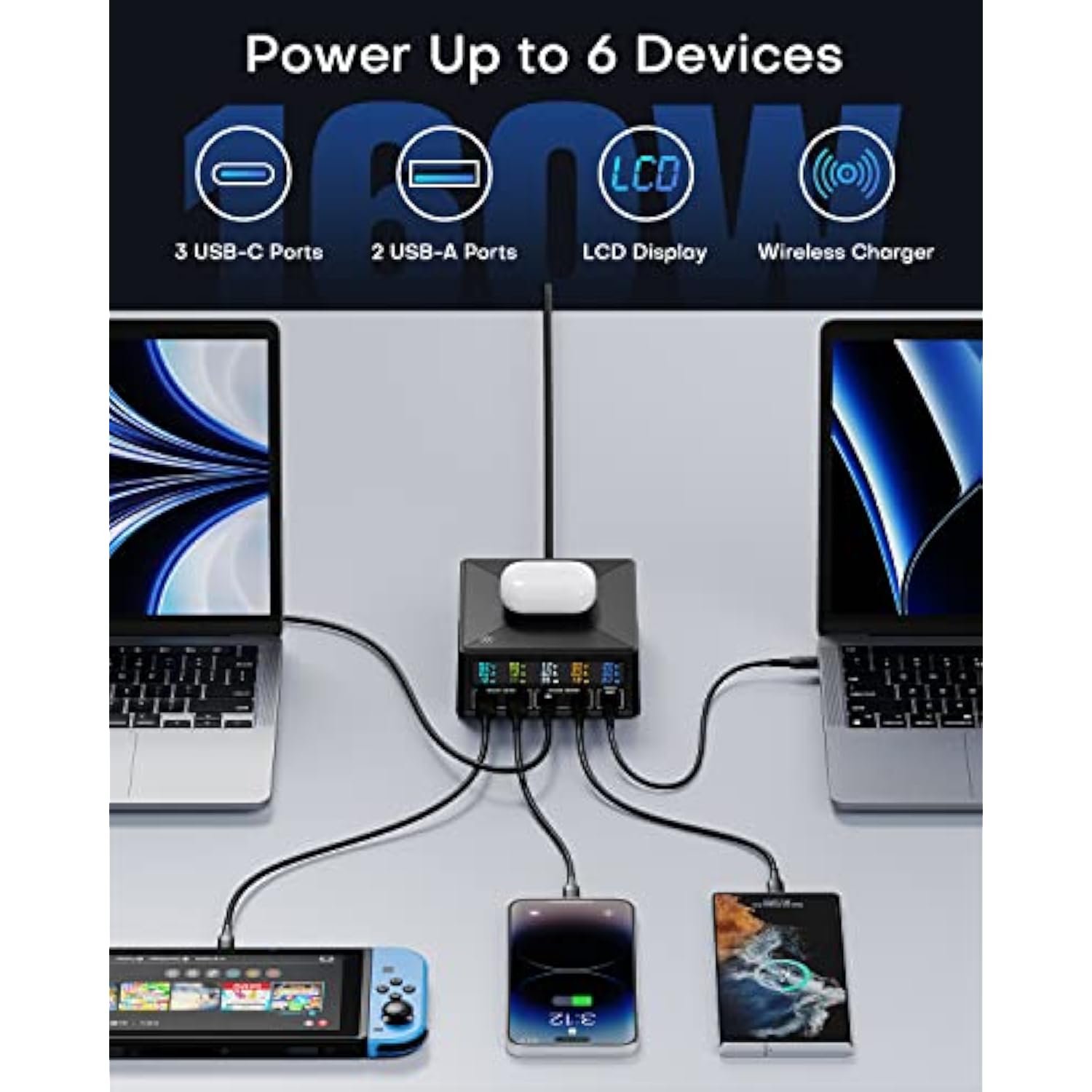 Charging Station, 160W 5-Port Usb C With 65W Pd, Qc3.0, Wireless Charger, Lcd Display For Macbook, Laptop, Ipad, Iphone, Samsung