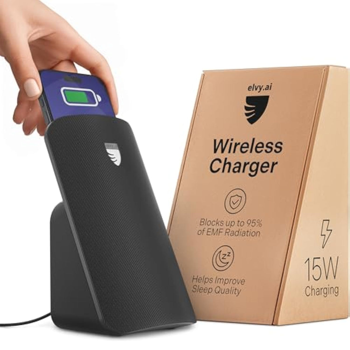 Elvy Fast Qi Wireless Charger For Cell Phones - Designed With Emf Management Technology For Enhanced Charging, Advanced Environmental Shielding, Lab Tested By Ordos Tech, 2023 (Jet Black)