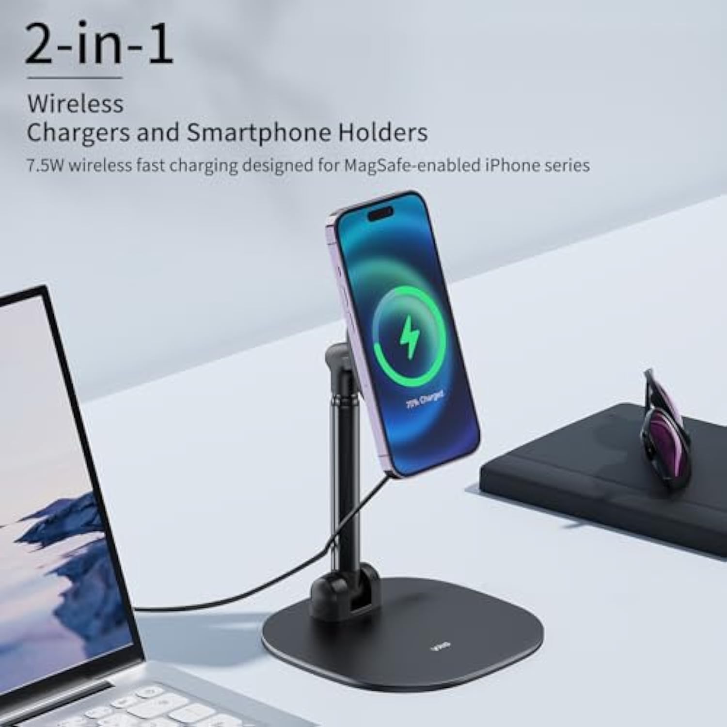 Vrig Magnetic Desk Phone Stand For Office/Home, 360°Rotation Wireless Charger Phone Holder With Magnetic Ring Height&Tilt, Adjustable Cell Phone Stand For Iphone 16 15 14 13 12 And More/Android