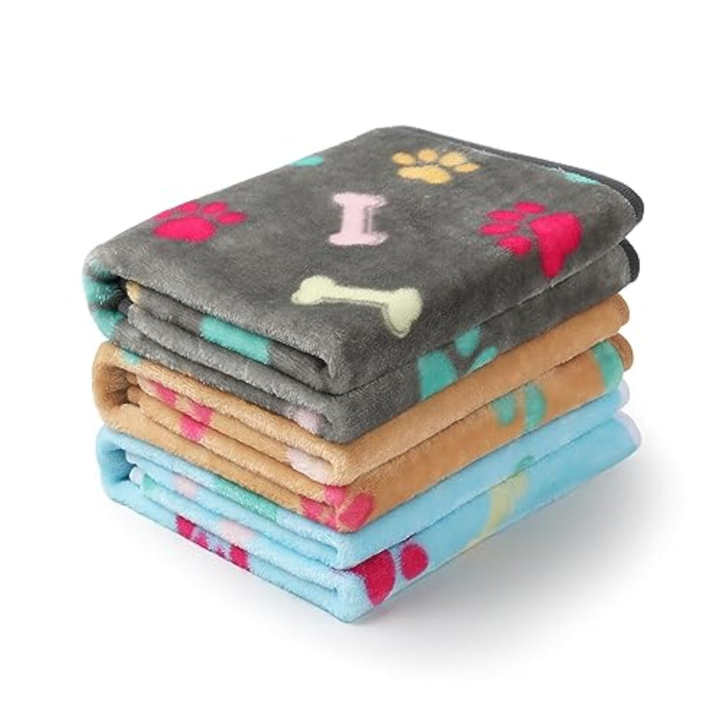 1 Pack 3 Blankets Fluffy Premium Fleece Pet Blanket Flannel Paw Printed Throw For Dog Cat(Small 23X16'', Grey/Brown/Blue)