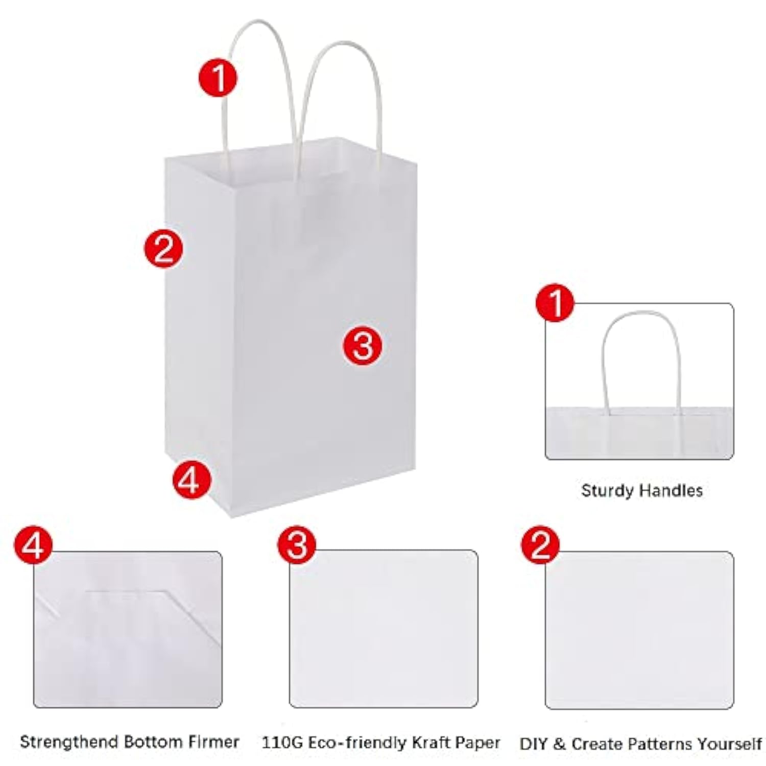100 Pack 5.25X3.25X8.25 Inch Small White Kraft Paper Bags With Handles Bulk For Birthday Wedding Party Favors Grocery Retail Shopping Business Goody Craft Gift Bags Cub Sacks (100Pcs Count)