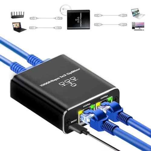 Ethernet Splitter High Speed Gigabit, 1000Mbps Ethernet Splitter 1 To 3[3 Devices Simultaneous Networking], Rj45 Splitter Adapter With Usb Power Cable, Internet Splitter For Cat5E/6/7/8 Cable