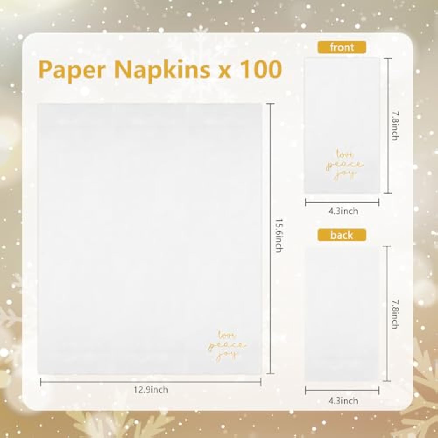 100 Pack Christmas Paper Napkins 4.38'' X 7.88'' Joy Peace Love Disposable White Decorative Table Napkin For New Year Winter Dinner Merry Christmas Holiday Xmas Decor Party Supplies Golden White