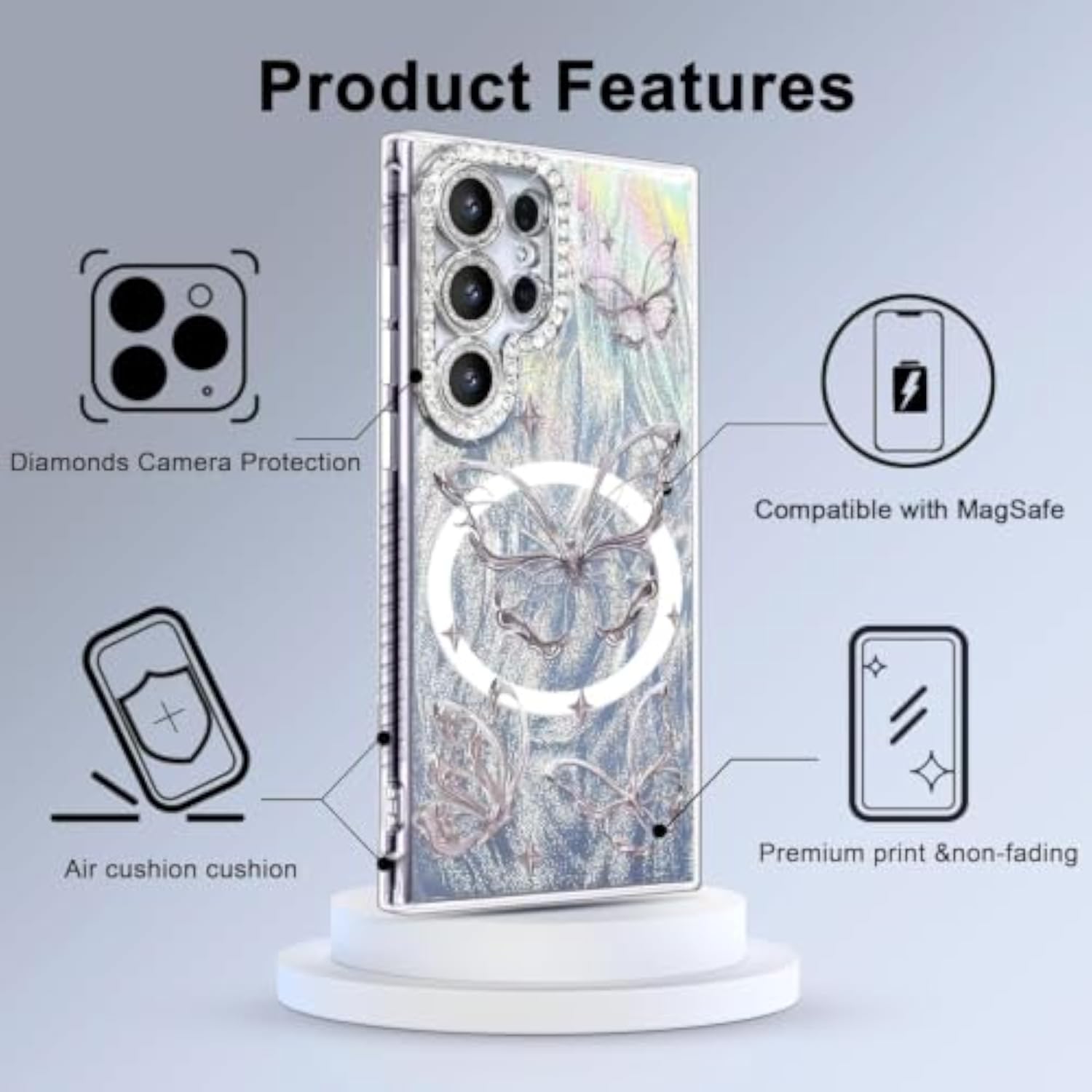 Compact Samsung Galaxy S25 Ultra Phone Case with Magnetic Protective Camera Lens Frame, Soft Shockproof Design, Silver Aesthetic