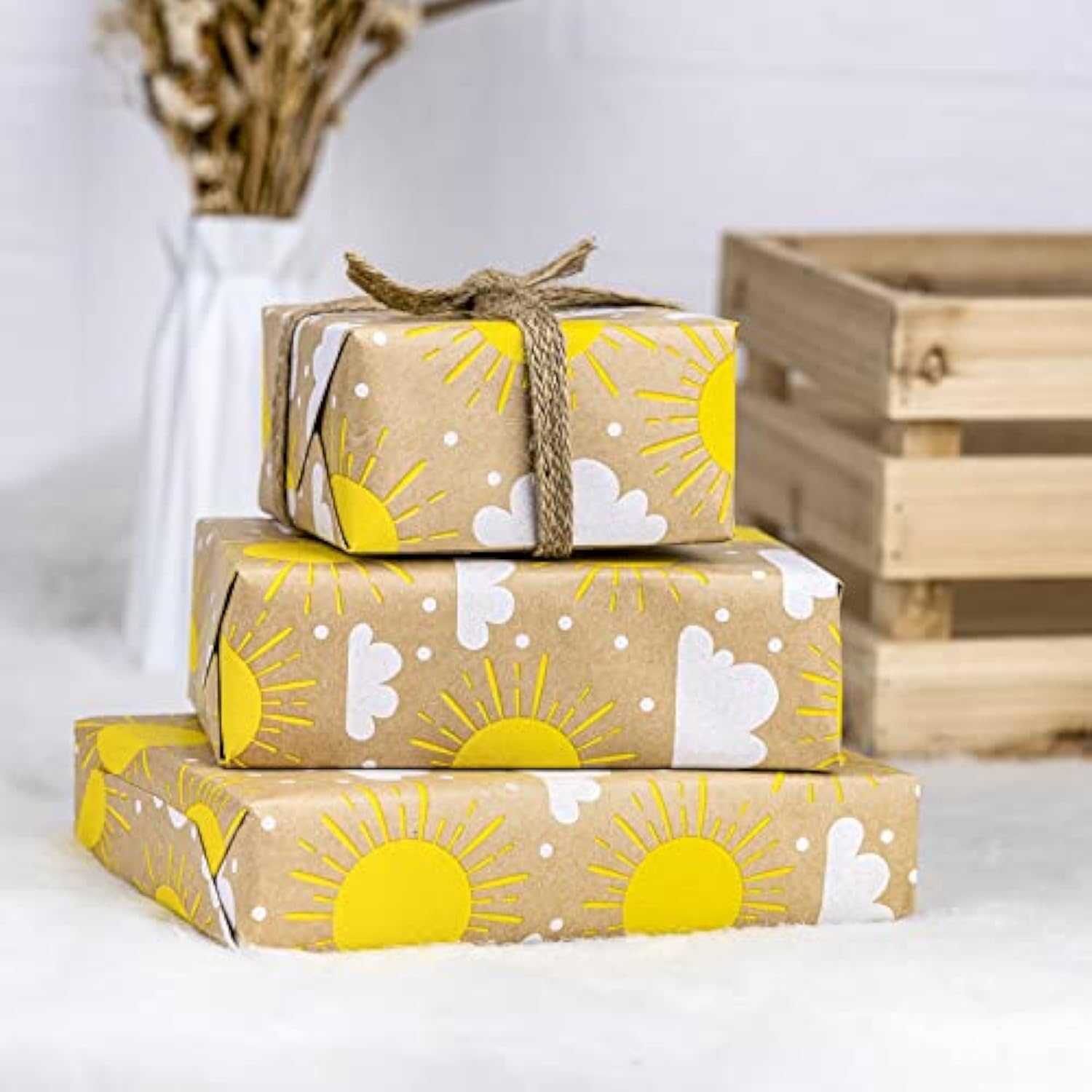 Kraft Wrapping Paper Roll - Mini Roll - Sun And Cloud Design Great For Birthday, Party, Baby Shower - 17 Inches X 32.8 Feet