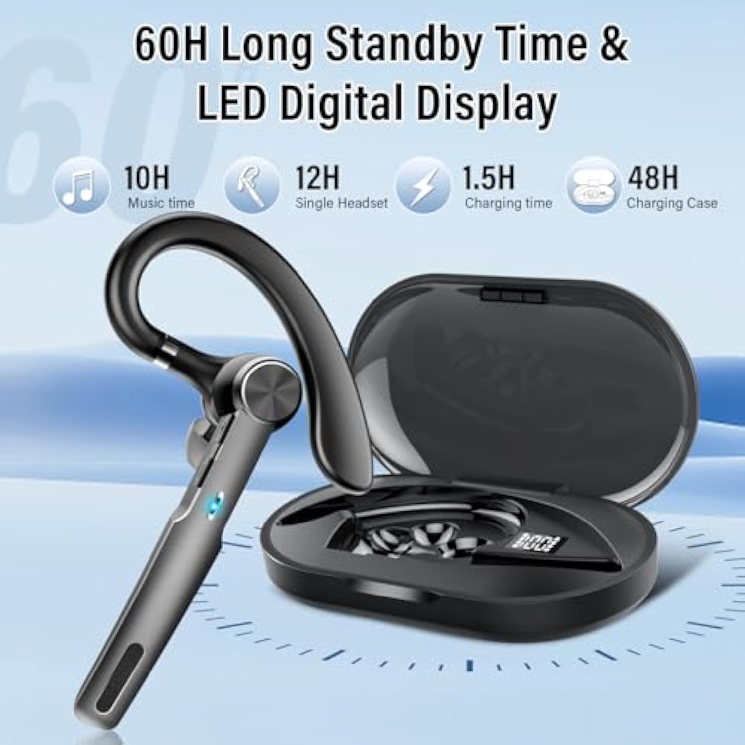 Bluetooth Headset, Wireless Headset With Enc Mic, 60H Talking Time Single-Ear Bluetooth Earpiece V5.3 With 400Mah Charging Case, Ip7 Waterproof Hand-Free Headphones For Ios Android Cell Phones Black