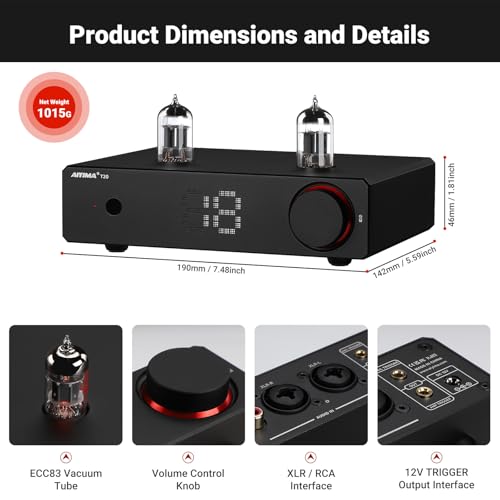 T20 Fully Balanced Tube Preamp for Home Audio - ECC83 Tube Design, Swappable Op-Amps & Tubes, XLR/RCA Inputs/Outputs, Pre-Amp for 2 Channel Stereo