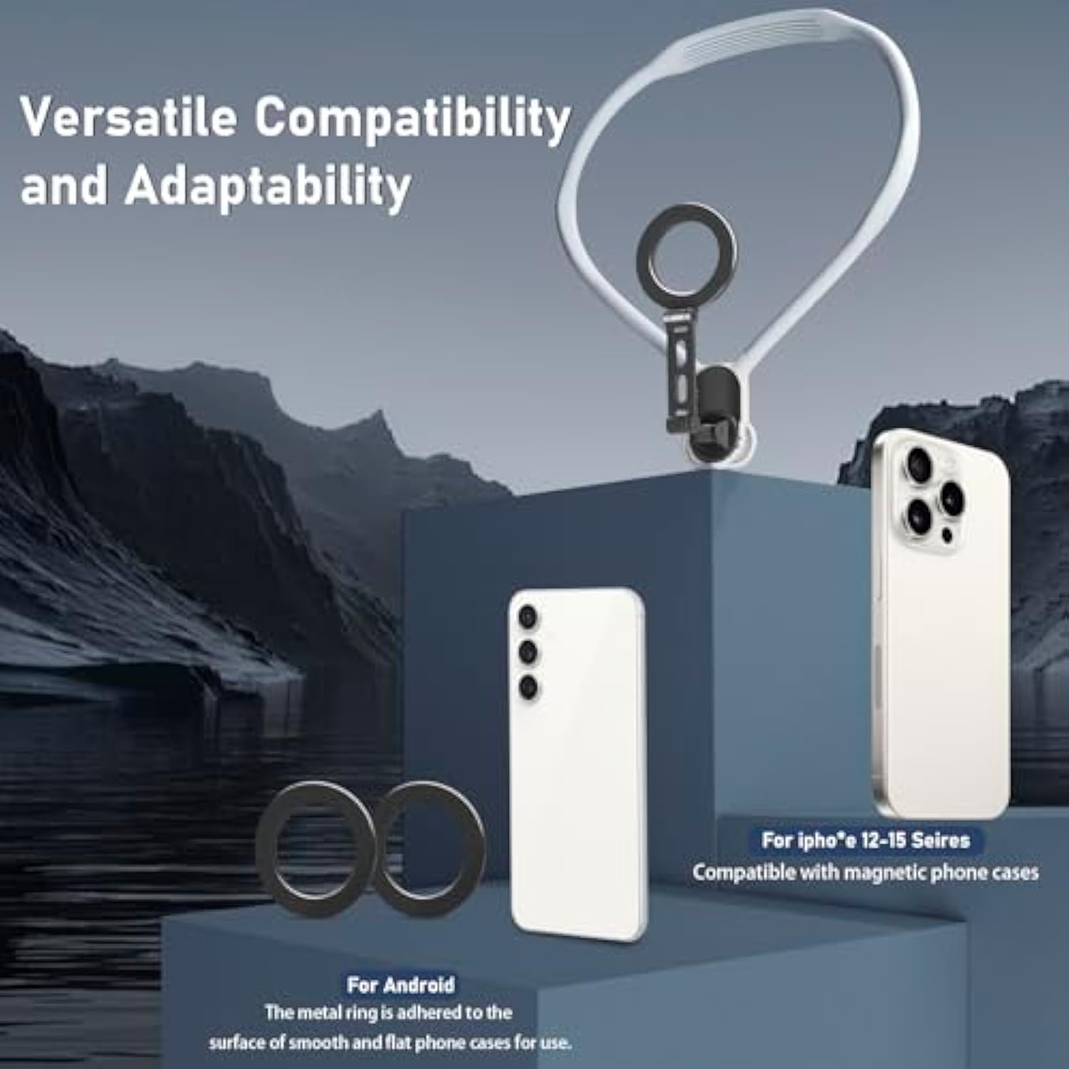 Magnetic Neck Phone Mount, Long Anti-Shake Holder for Recording & Vlogs (Grey)