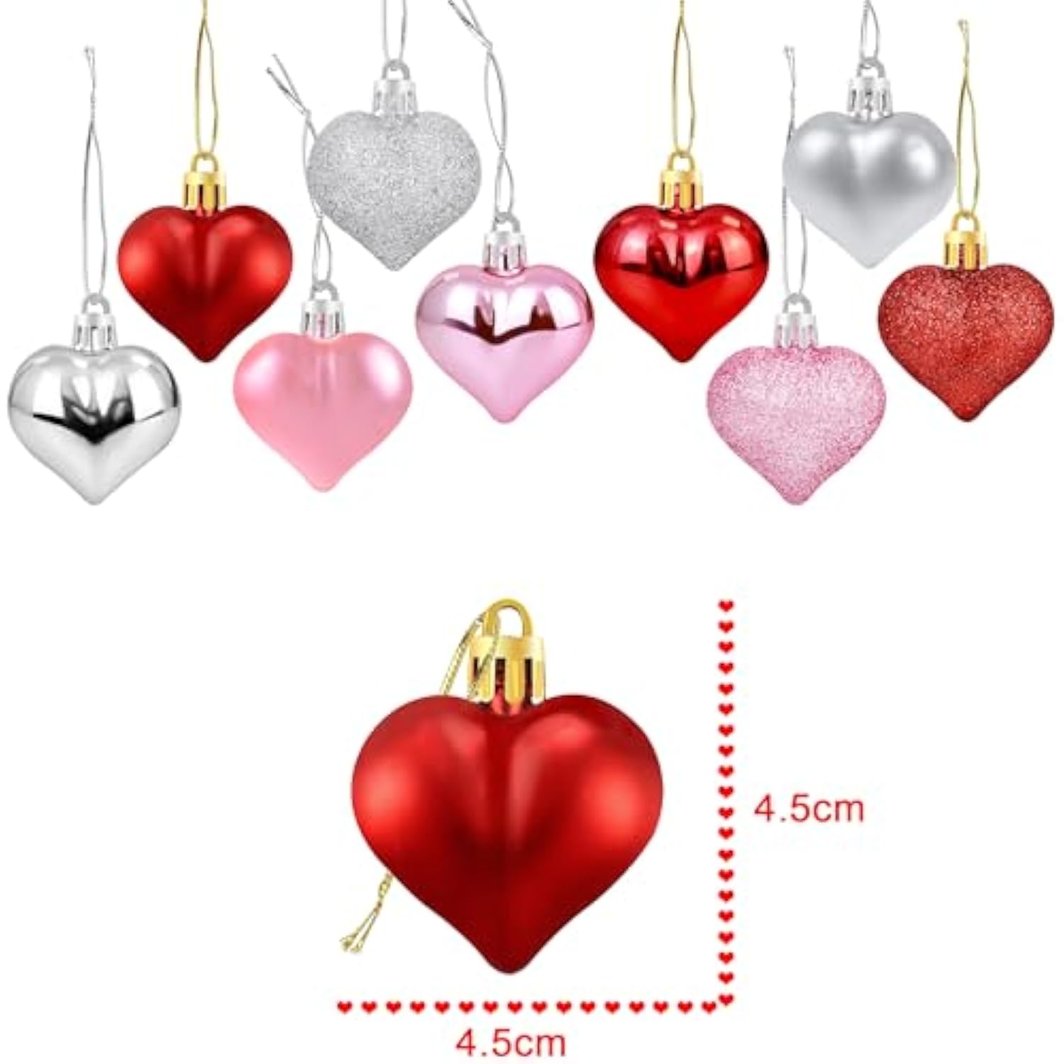 36Pcs Valentines Heart Shaped Ornaments - Valentines Heart Decorations - Red Pink Silver Glitter Heart Shaped Baubles - Romantic Christmas Valentines Tree Hanging Decorations