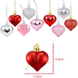 36Pcs Valentines Heart Shaped Ornaments - Valentines Heart Decorations - Red Pink Silver Glitter Heart Shaped Baubles - Romantic Christmas Valentines Tree Hanging Decorations