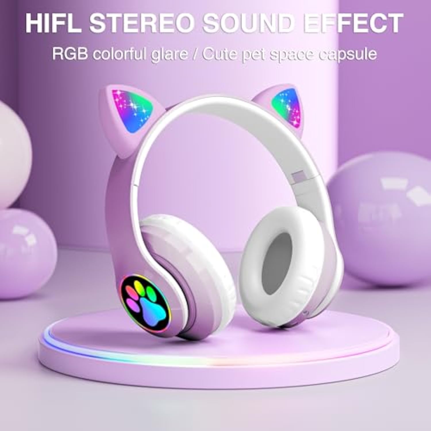 Bluetooth Noise Cancelling Headphones For Kids,Foldable Cat Headphone With Led Light Up Ear,Cat Ear Headphones For Toddler With Microphone/Tf Card,Kids Bluetooth Headphones For