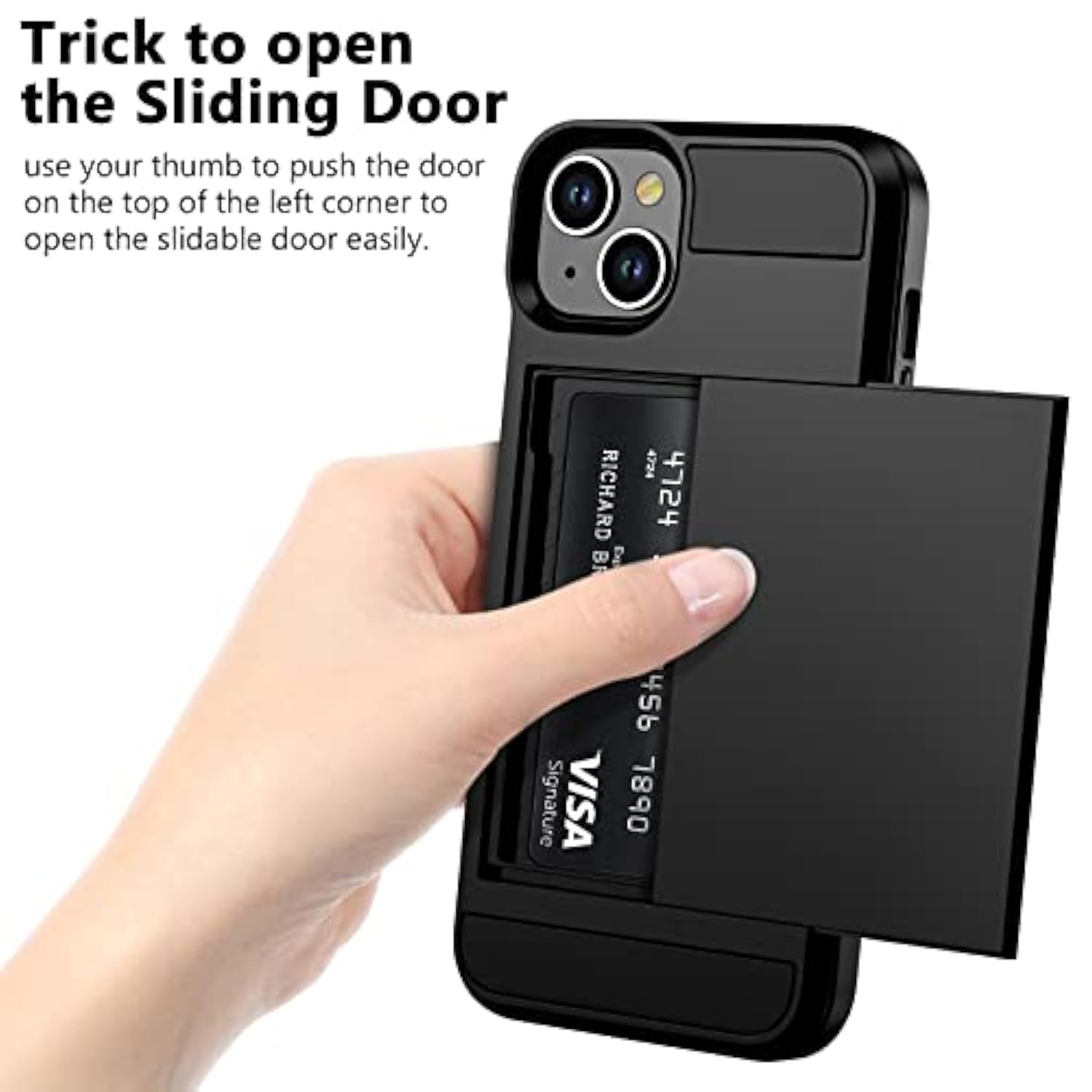Compatible With Iphone 15 Case With Card Holder, Dual Layer Shockproof Wallet Phone Case, Hidden Card Slot Sliding Protective Hard Shell Back Cover Slim Case For Iphone 15, 6.1 Inch Black