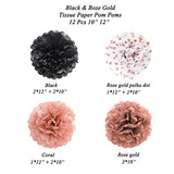 Rose Gold and Black Tissue Paper Pom Poms Party Decorations Flowers Pink Wall Hanging Décor Supplies Birthday Bridal Baby Shower Wedding Graduation