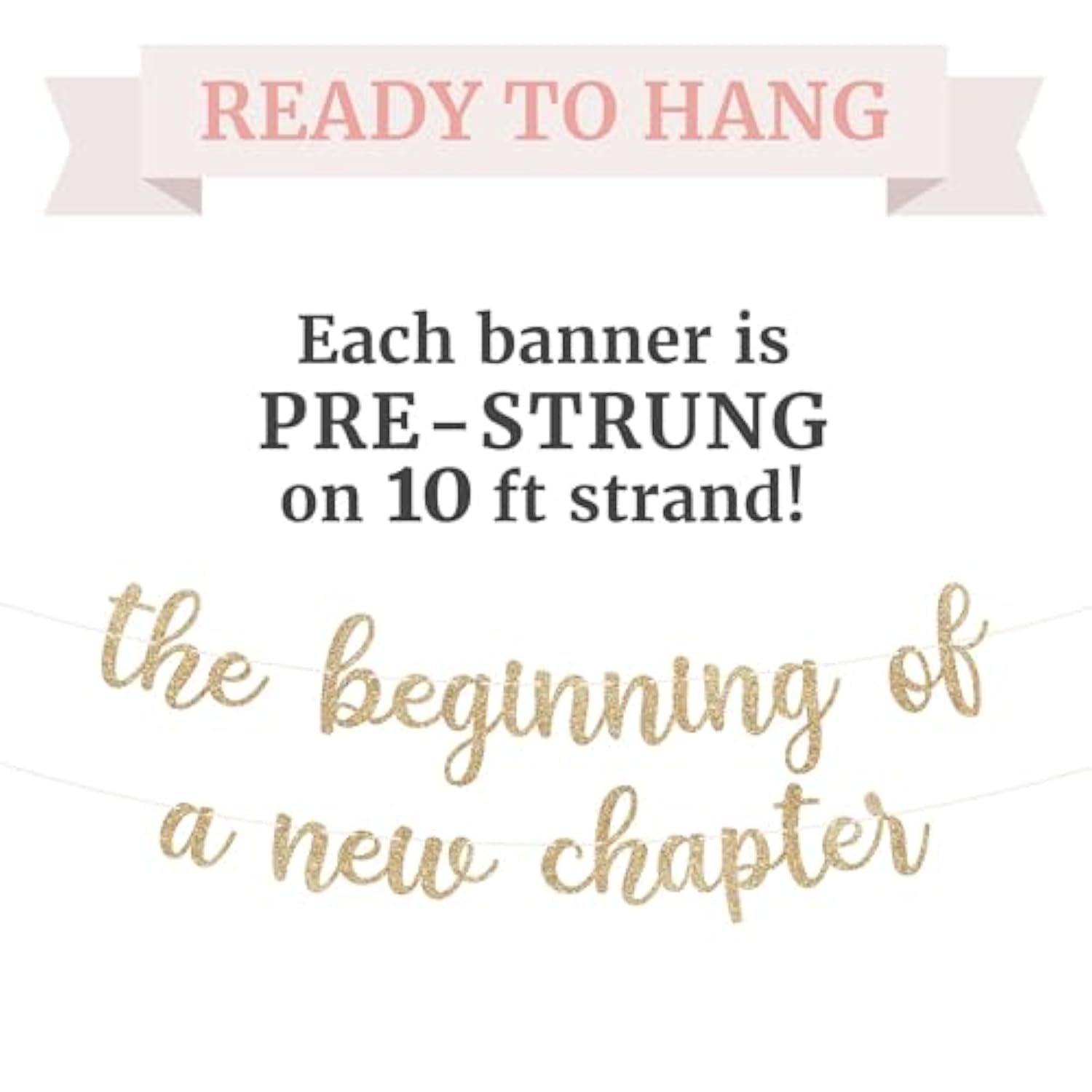 Pre-Strung The Beginning Of A New Chapter Banner - No Diy - Gold Glitter Farewell Going Away Divorce Retirement Graduation Wedding Vision Board Party Decorations - Pre-Strung On 10 Ft Strands - No Diy