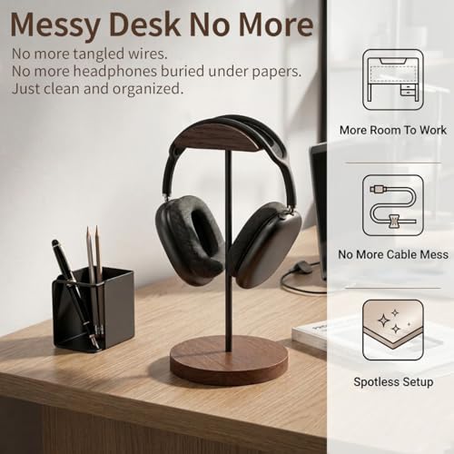 Headphone Holder Stand for Desk, Wood and Metal Headset Hanger Mount Hook Gaming Holder Desktop Earphone Artful Functional Craftsmanship Stand for