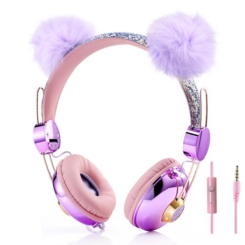 Kids Headphones for Girls, Cute Bear Ear Headphones with Microphone, 3.5mm Jack Wired Girls Headphones for School/Travel/iPad/Tablet (Purple)