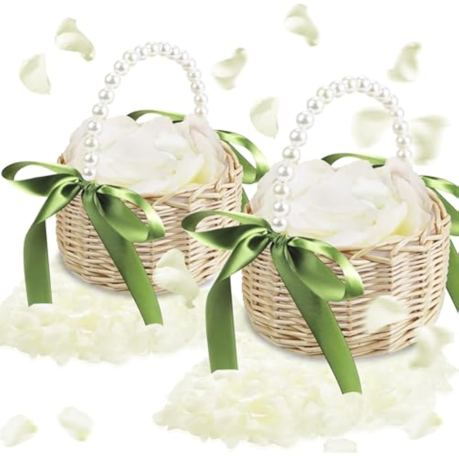 2 Pcs Wicker Rattan Flower Girl Basket With 1000 Pcs Artificial Silk Rose Petals Wedding Flower Girl Basket With Pearl Handle And Bow Fairy Flower Basket For Weddings Bridal Anniversary Party Decor