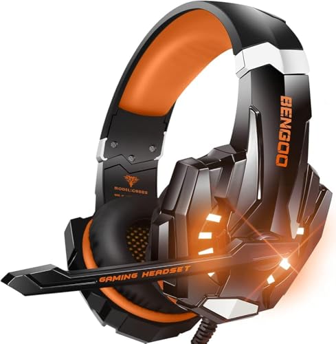 G9000 Stereo Gaming Headset For Ps4, Pc, Xbox One Controller, Noise Cancelling Over Ear Headphones With Mic, Led Light, Bass Surround, Soft Memory Earmuffs (Orange)