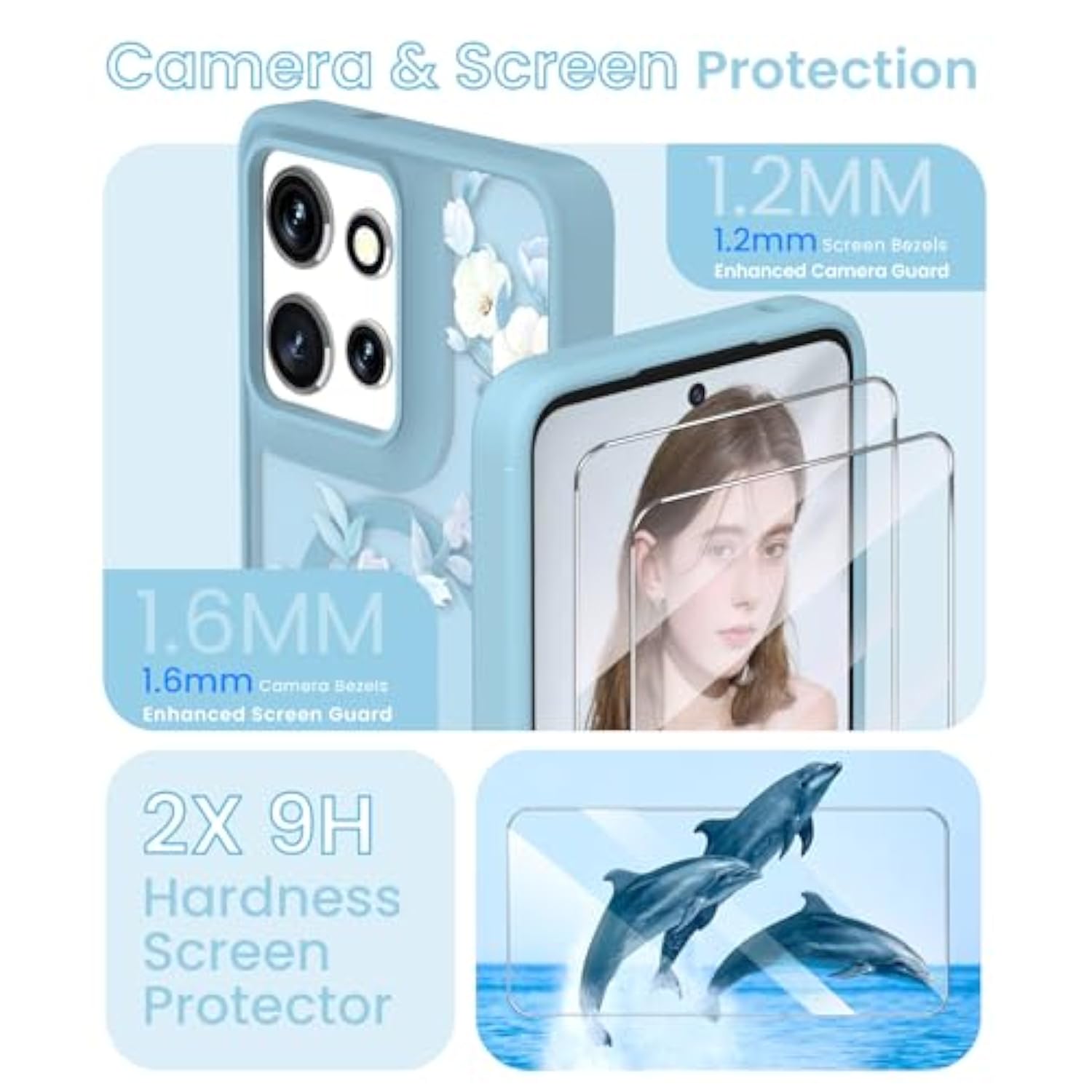 For Motorola Moto G Power 5G 2025 Floral Phone Case With 2X Screen Protector, Military Grade Magnetic Translucent Matte Girls Women Flower Pattern Protective Cover (Blue)