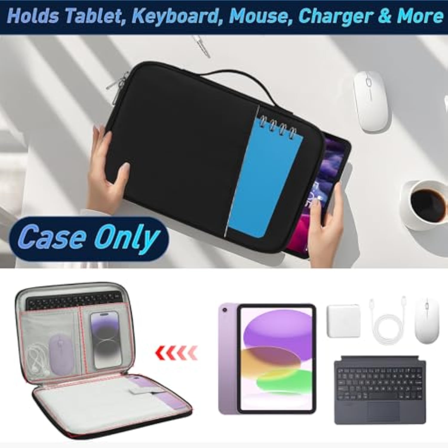 Tablet Sleeve Case With Handle,Fleece Lined Shock Absorption Travel Bag, Waterproof Oxford Cloth Leather & Accessory Pocket (13 In)