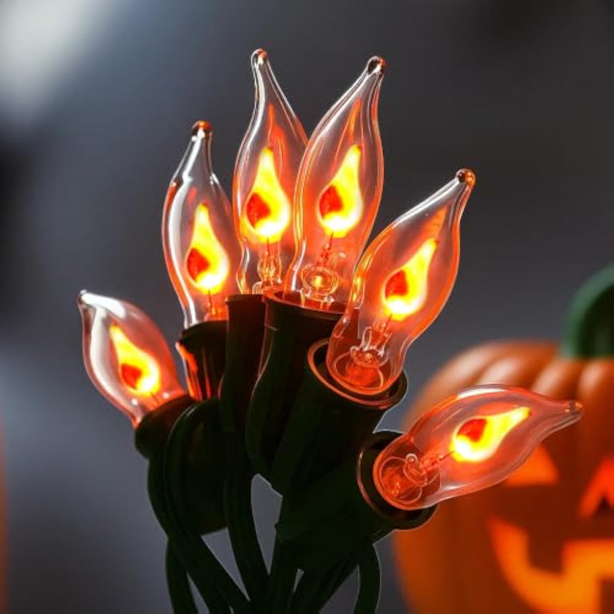 10Ft Flickering Flame String Lights With 10 C18 Flicker Amber Flame Lights Bulbs, E12 Candlestick Base Christmas String