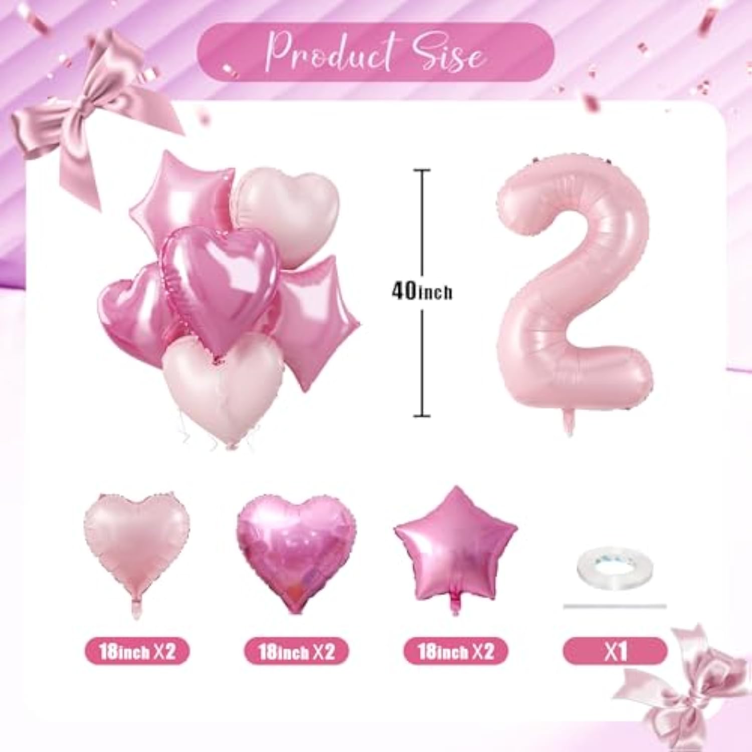 Big Number 2 Balloon Light Pink, Foil 2 Balloons With Pastel Baby Pink Helium 18 Inch Heart Star Balloon, 40'' Self Inflating Two Balloon Number For Girls 2Nd Birthday Party Women Valentines Day Decor