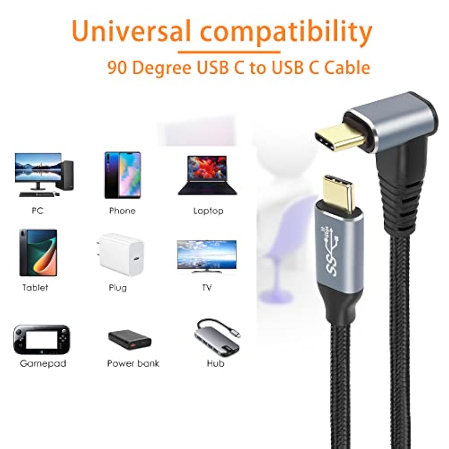 0.5M Right Angle Usb C To Usb C Cable,90 Degree 10Gbps 4K@60Hz Pd 100W Usb3.1