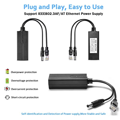 Active Poe Power Over Ethernet Splitter Adapter 48V To 12V, 5.5X2.1Mm Dc, Ieee 802.3Af/At Compliant 10/100Mbps Poe Splitter With 12V Output For Surveillance Camera Cctv & Voip Phone, 2 Pack